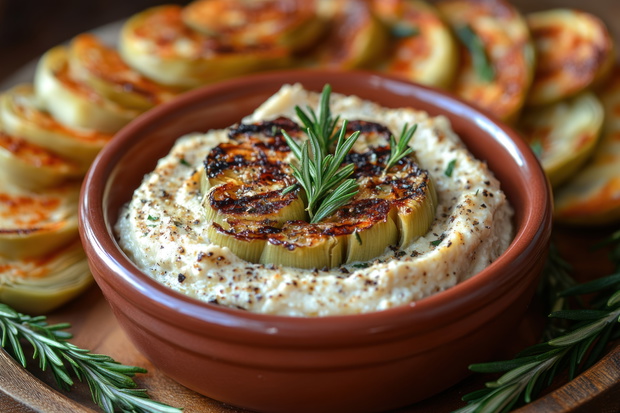 a savory dish served in a brown ceramic bowl. In the center is a thick, creamy mass, probably hummus or bean puree, topped with a toasted leek slice and sprigs of rosemary. The surface of the dish is sprinkled with freshly ground black pepper and spices. 