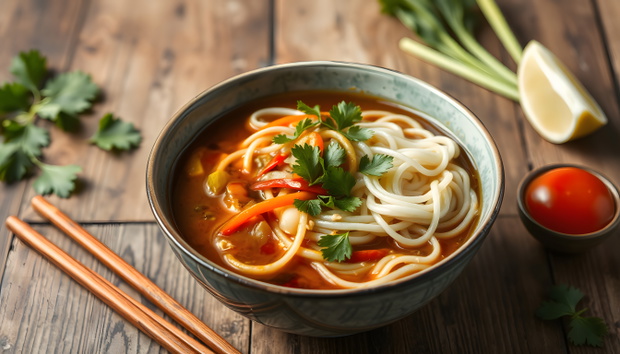 rice noodles wok Shirataki funchose vegetables soy sauce soup pho, pho bo pad thai vegetarian food meal snack copy space food background rustic top view, angled photoshot. White tone