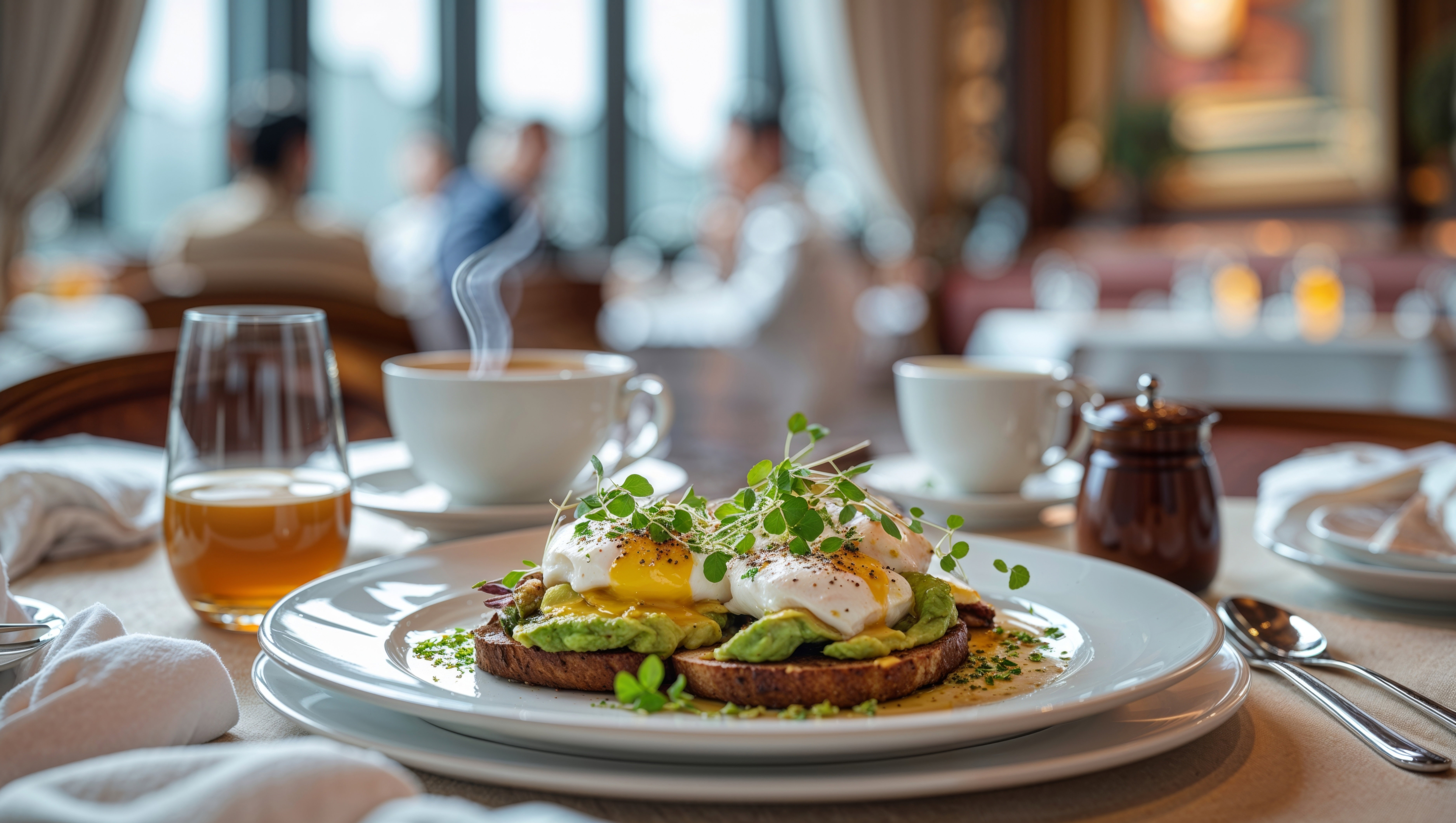 Elegant avocado toast with poached eggs and coffee served in a bright, modern restaurant.