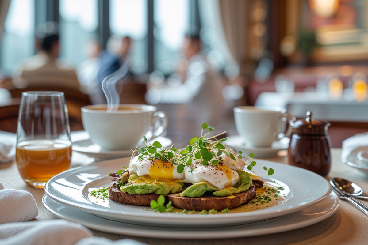 Elegant avocado toast with poached eggs and coffee served in a bright, modern restaurant.
