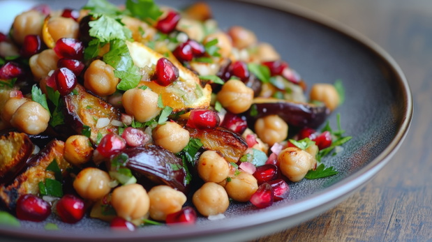 Chickpea salad with roasted eggplant, pomegranate, and lemon dressing. Uneven, handcrafted plates with organic shapes and irregular edges, adding a touch of artisanal charm.