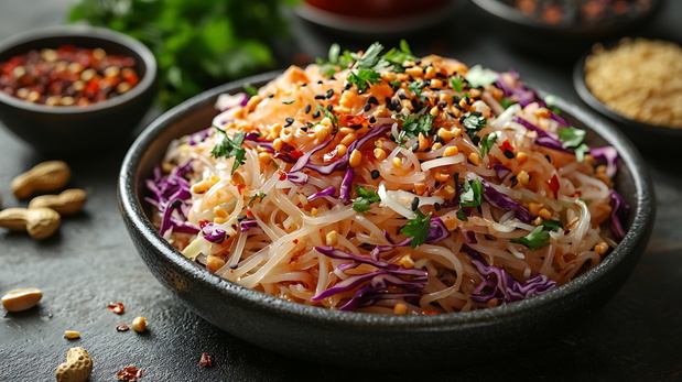 Delicious Shirataki Noodle Salad with Red Cabbage Peanuts and Sesame Seeds