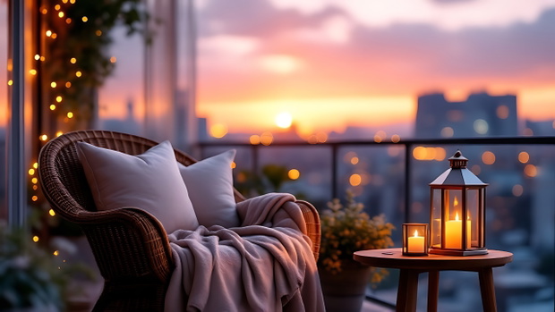 Cosy armchair and candle lights, winter balcony home decor, calm and relax city living mockup arrangement, Generative ai