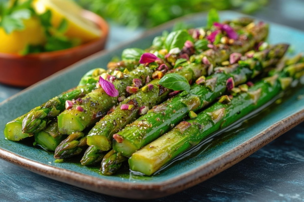 vibrant plate of asparagus and feta salad garnished with pistachios and a hint of lemon showcasing a fresh and appetizing culinary presentation that embodies healthy eating