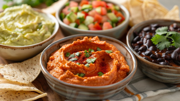 A trio of flavorful dips featuring roasted red pepper hummus creamy avocado salsa and y black bean dip