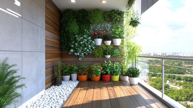 Modern balcony garden with city view.