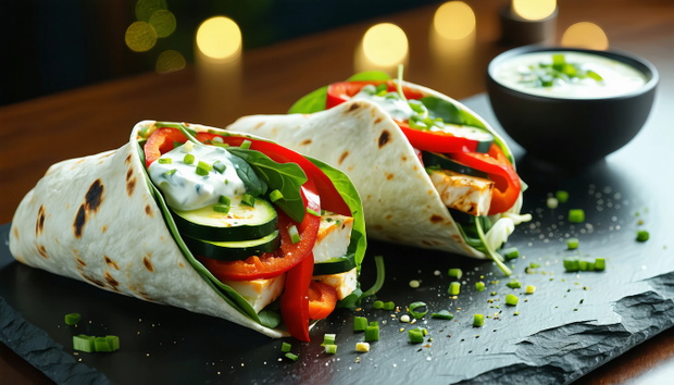 Grilled halloumi cheese paired with roasted red peppers, zucchini, and a dollop of tzatziki, wrapped