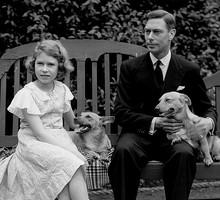 Książę Albert, późniejszy król Jerzy VI, jego córka księżniczka Elżbieta (późniejsza królowa), psy corgi, Londyn, lipiec 1936 roku