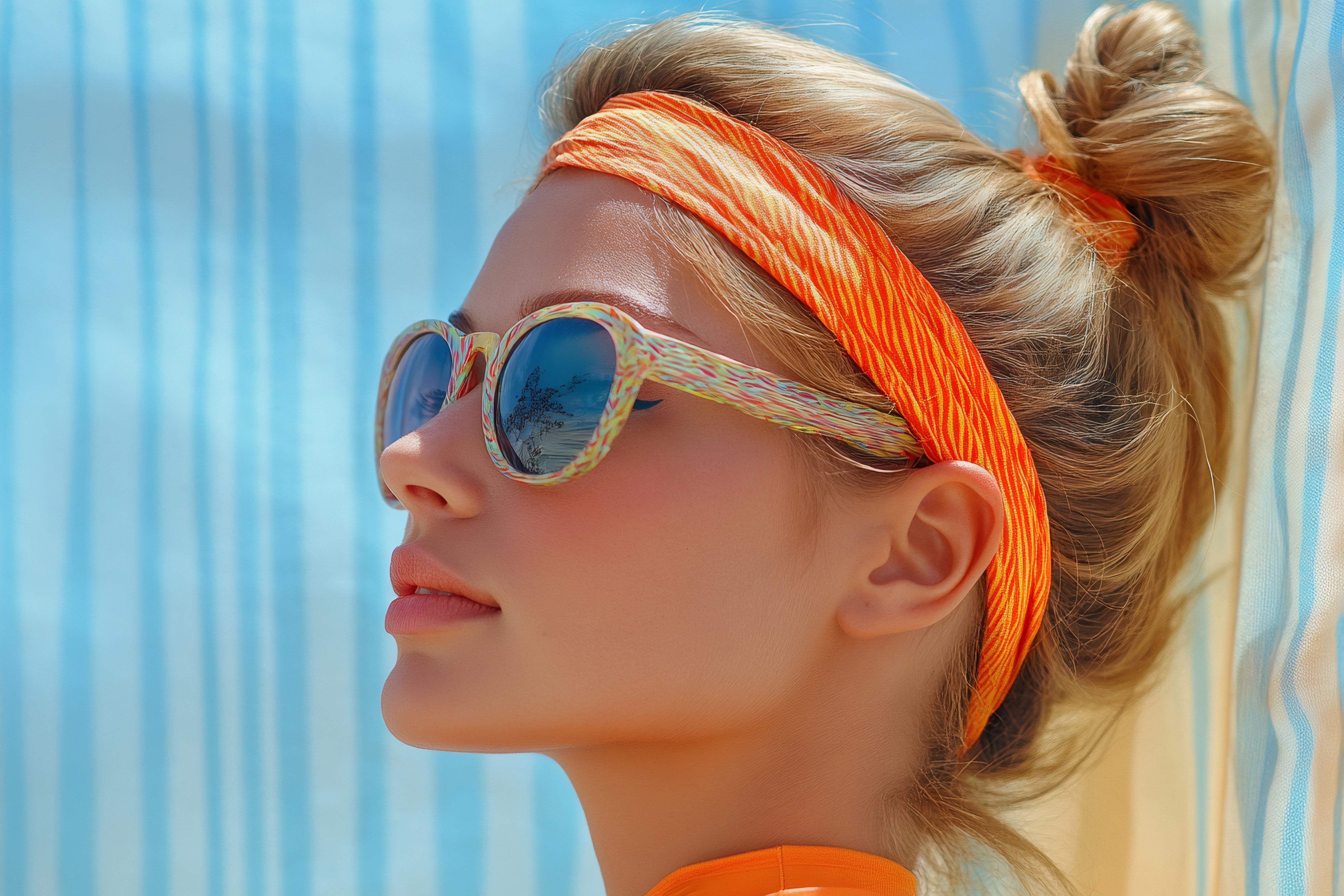 Fashion model wearing sunglasses and headband posing in summer light