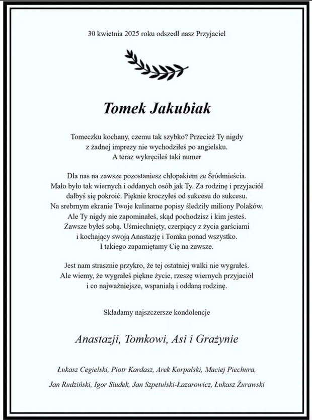 Nekrolog od przyjaciół Tomka Jakubiaka. Źródło: Wyborcza