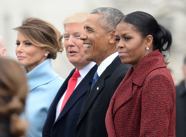 Prezydent Donald Trump, Pierwsza Dama Melania Trump, były prezydent Barack Obama i była Pierwsza Dama Michelle Obama po inauguracji na Kapitolu w Waszyngtonie, D.C., 20 stycznia 2017 r. Prezydent-elekt Donald Trump został zaprzysiężony jako 45. prezydent.