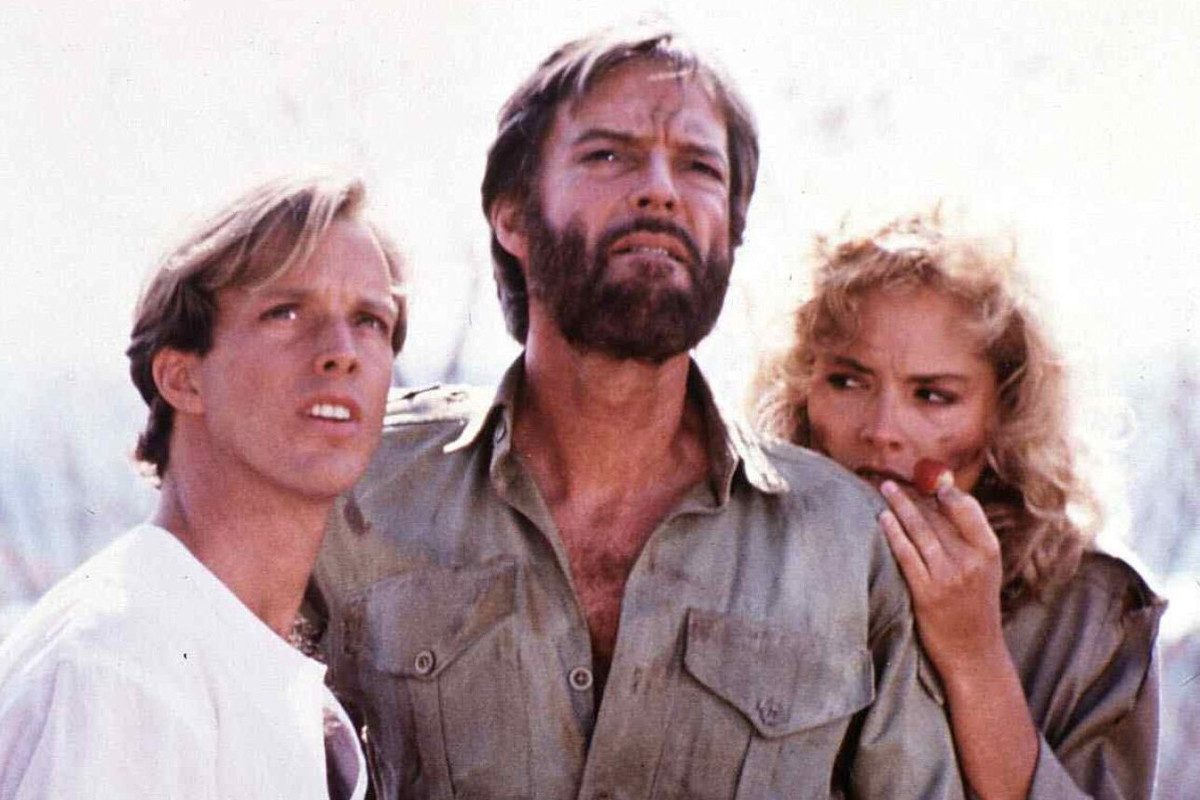 Richard Chamberlain, Sharon Stone, Robeson (Martin Rabbett) na planie, 1987 rok - jamnik