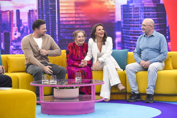 Piotr Bukowiecki, Edyta Herbuś z babcią Tolą i ojcem, studio „halo tu Polsat”, Warszawa. 29.03.2025 r.