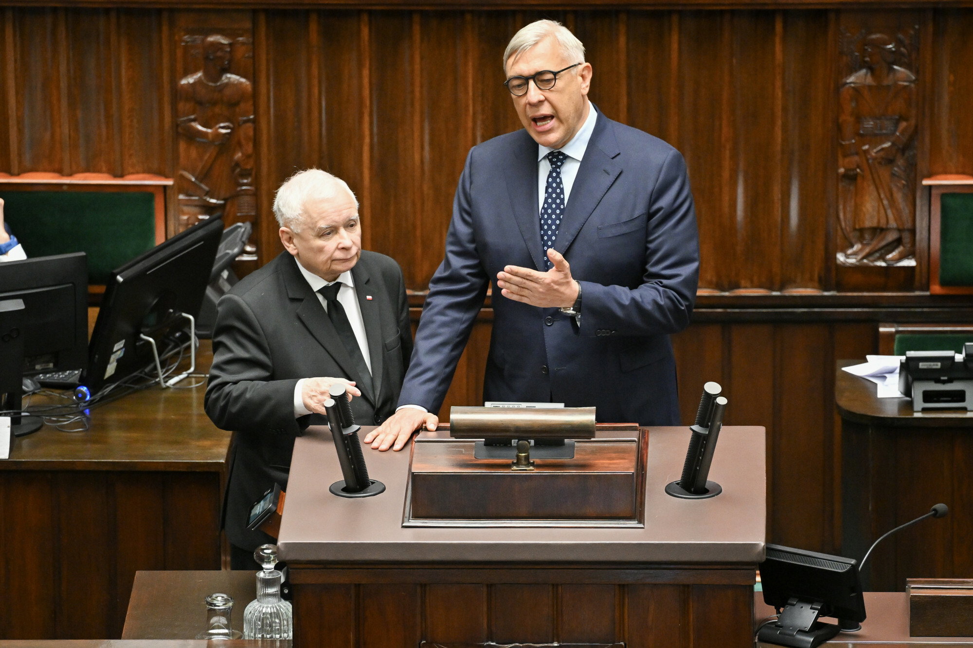 02.04.2025 Warszawa, Sejm. 32. posiedzenie Sejmu X kadencji Fot. Jacek Slomion/REPORTER N/z: Jarosław Kaczyński, Roman Giertych