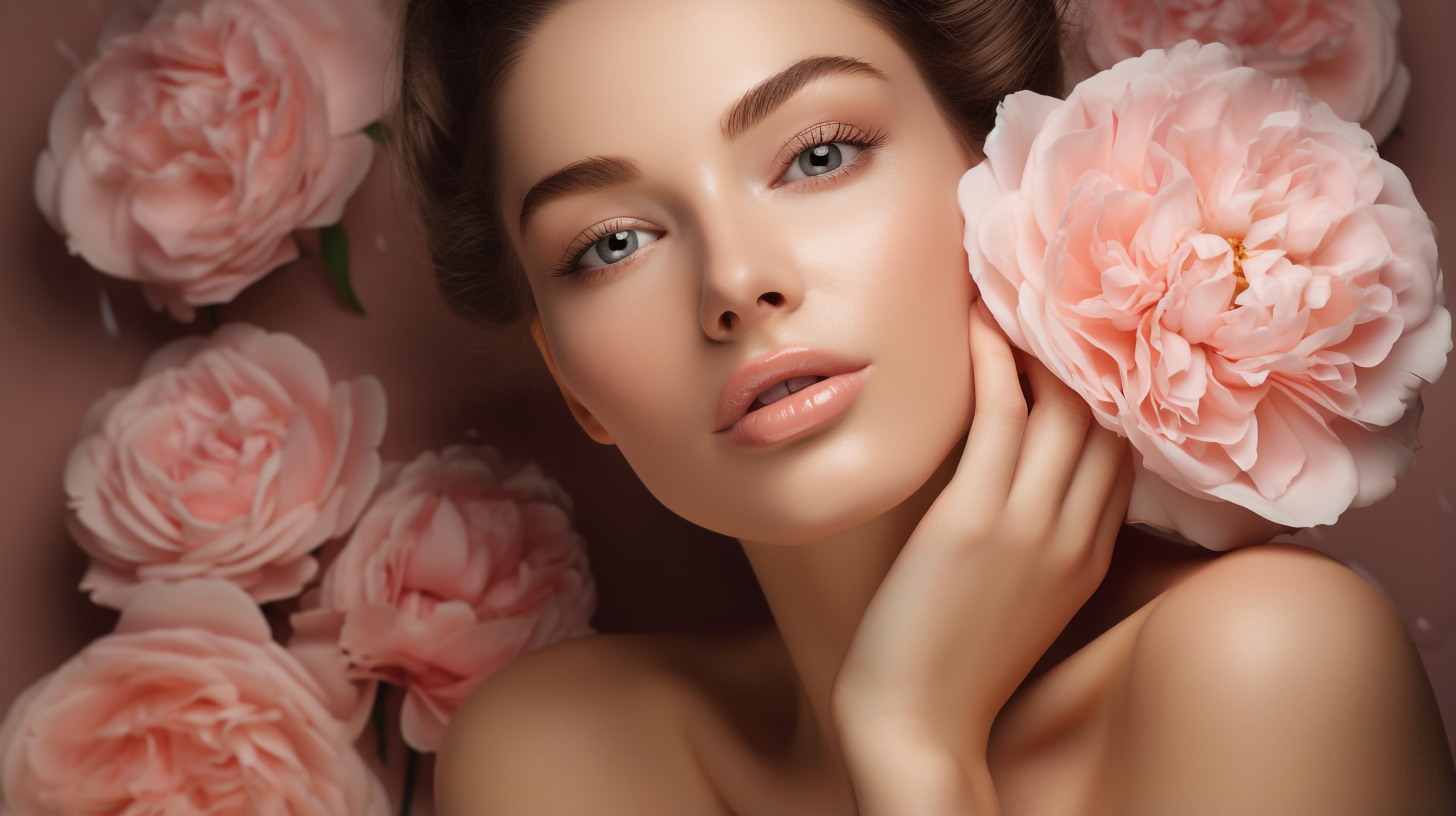 Photo of beautiful blue eyed woman standing on pink rose background, cosmetics photo, beauty industry advertising photo.