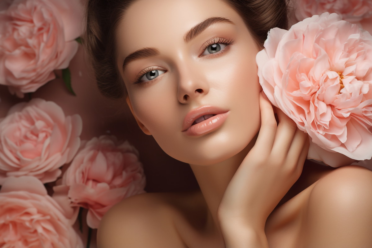 Photo of beautiful blue eyed woman standing on pink rose background, cosmetics photo, beauty industry advertising photo.