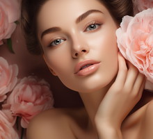 Photo of beautiful blue eyed woman standing on pink rose background, cosmetics photo, beauty industry advertising photo.
