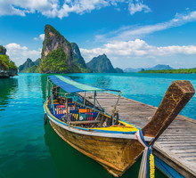 Beautiful nature scenic landscape Phang-Nga bay with wooden boat