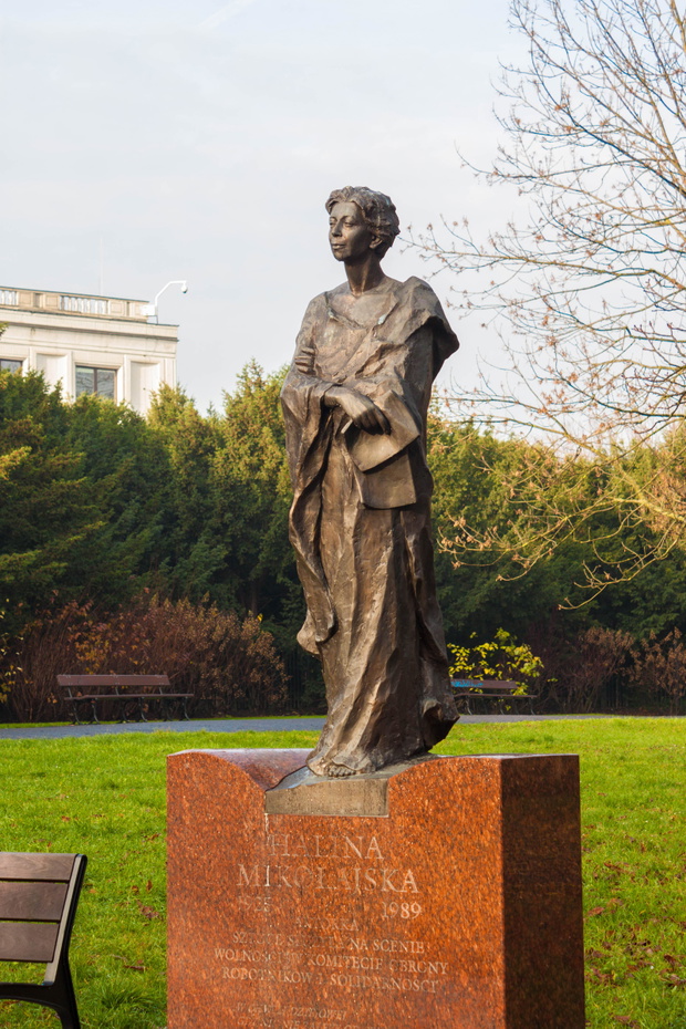 Warsaw, Poland - November 25, 2017: Statue of a famous polish actress Halina Mikolajska in park of Edward Rydz-Smigly, Warsaw, Poland.