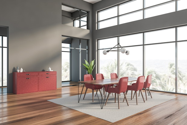 Gray dining room corner with carpet