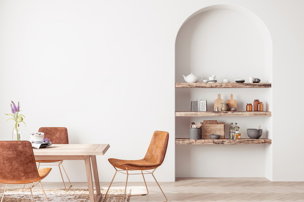 Interior design of modern dining room with orange furniture and