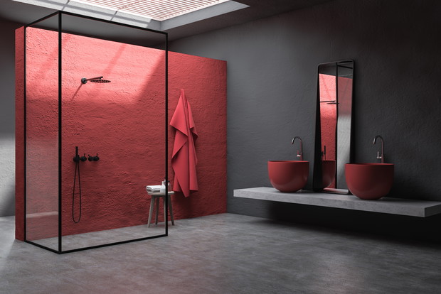 Red and gray bathroom corner, shower and sink