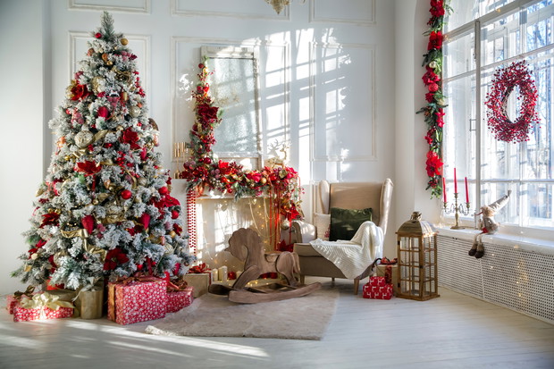 White room interior with New Year tree decorated