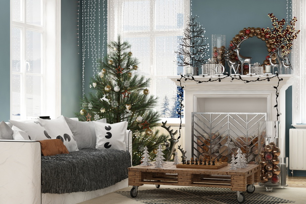 New year tree in scandinavian style interior with christmas deco