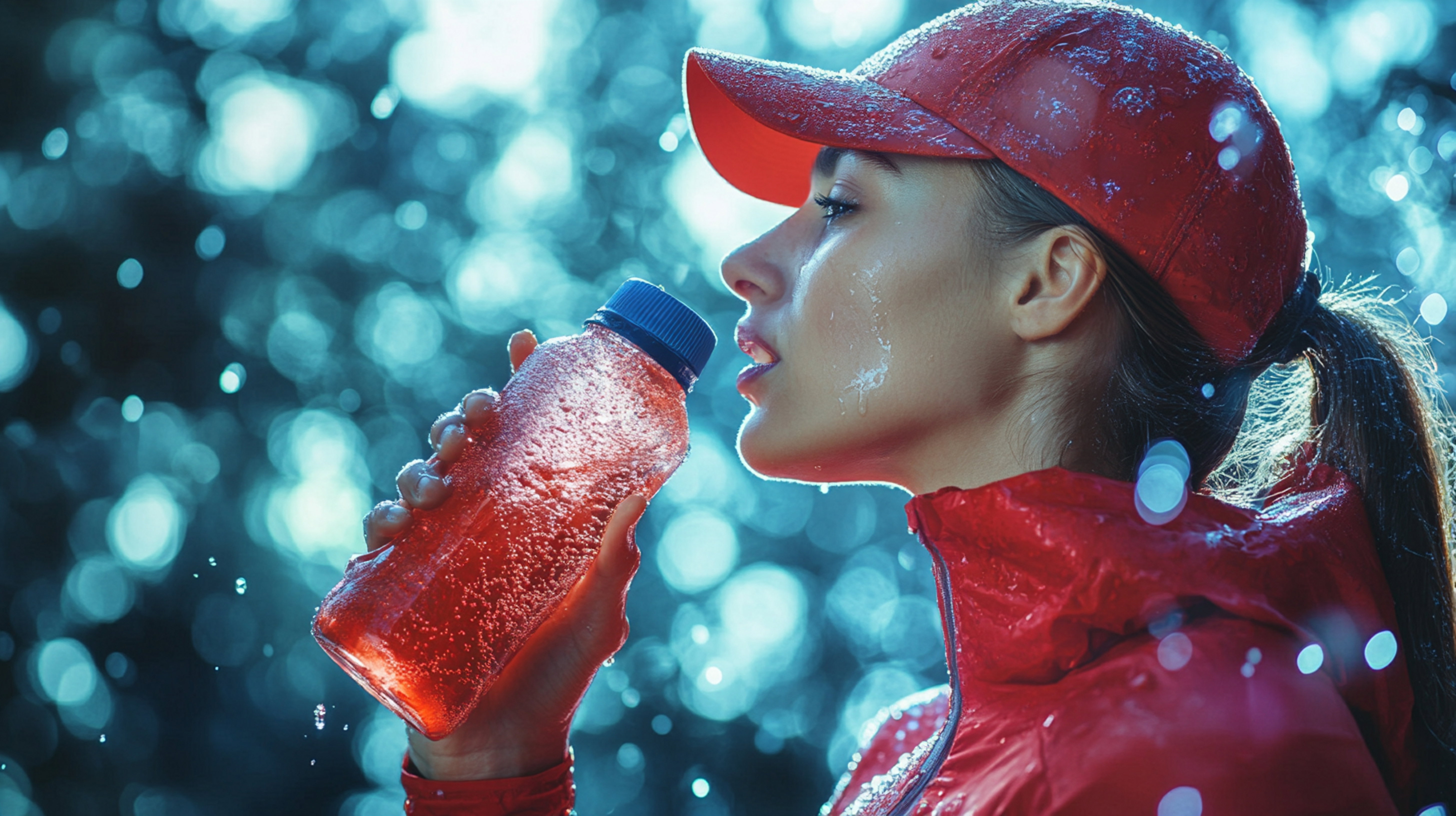 woman in red cap and jacket enjoys refreshing sports drink while in rain, showcasing hydration and vitality