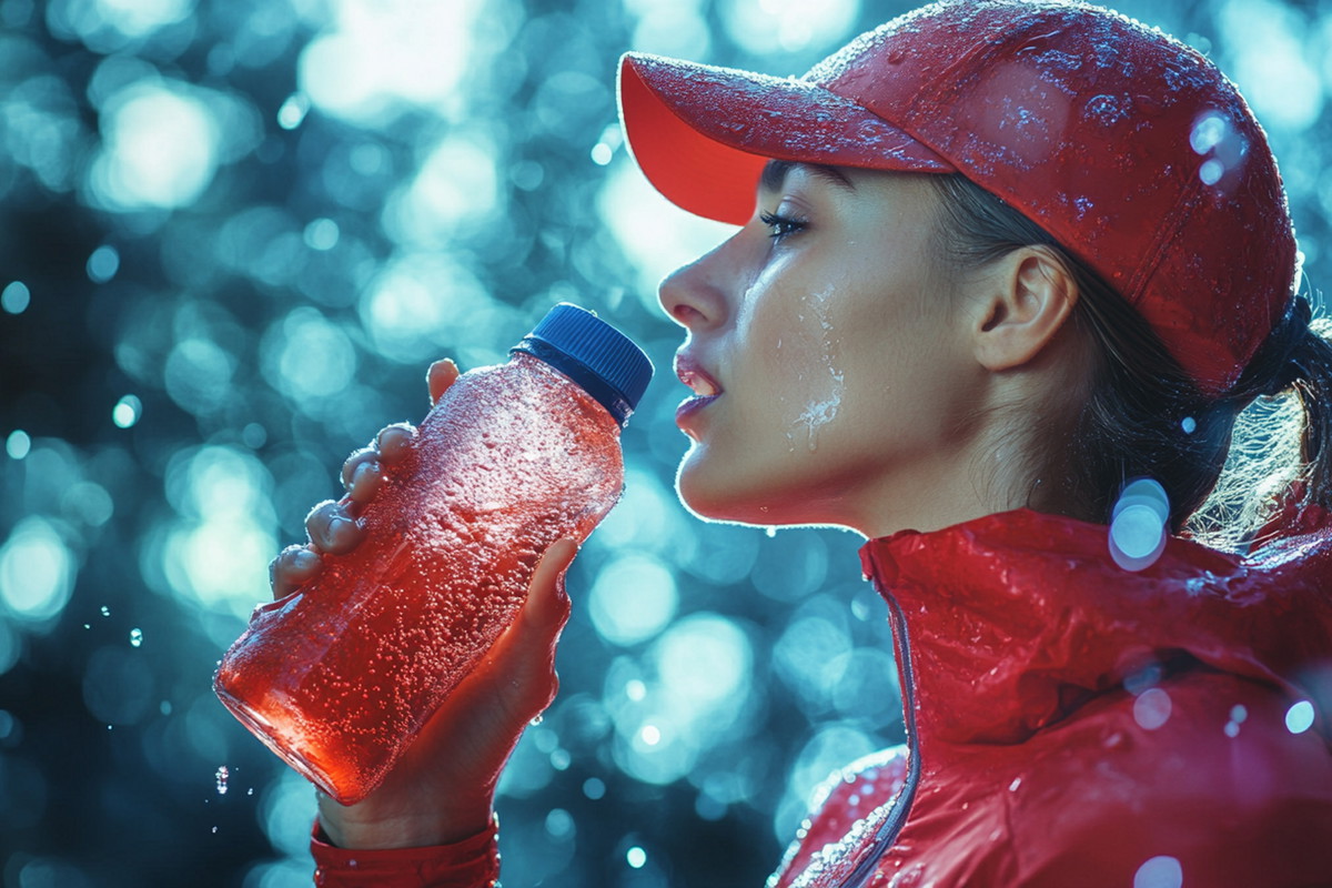 woman in red cap and jacket enjoys refreshing sports drink while in rain, showcasing hydration and vitality