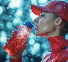 woman in red cap and jacket enjoys refreshing sports drink while in rain, showcasing hydration and vitality