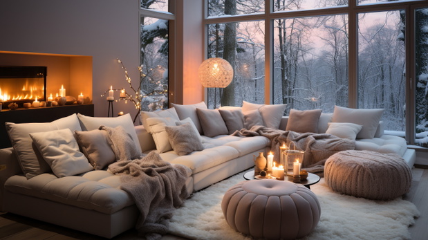 Cozy and inviting interior, living room and a Christmas setting, warm and inviting Scandinavian or Nordic decorations.