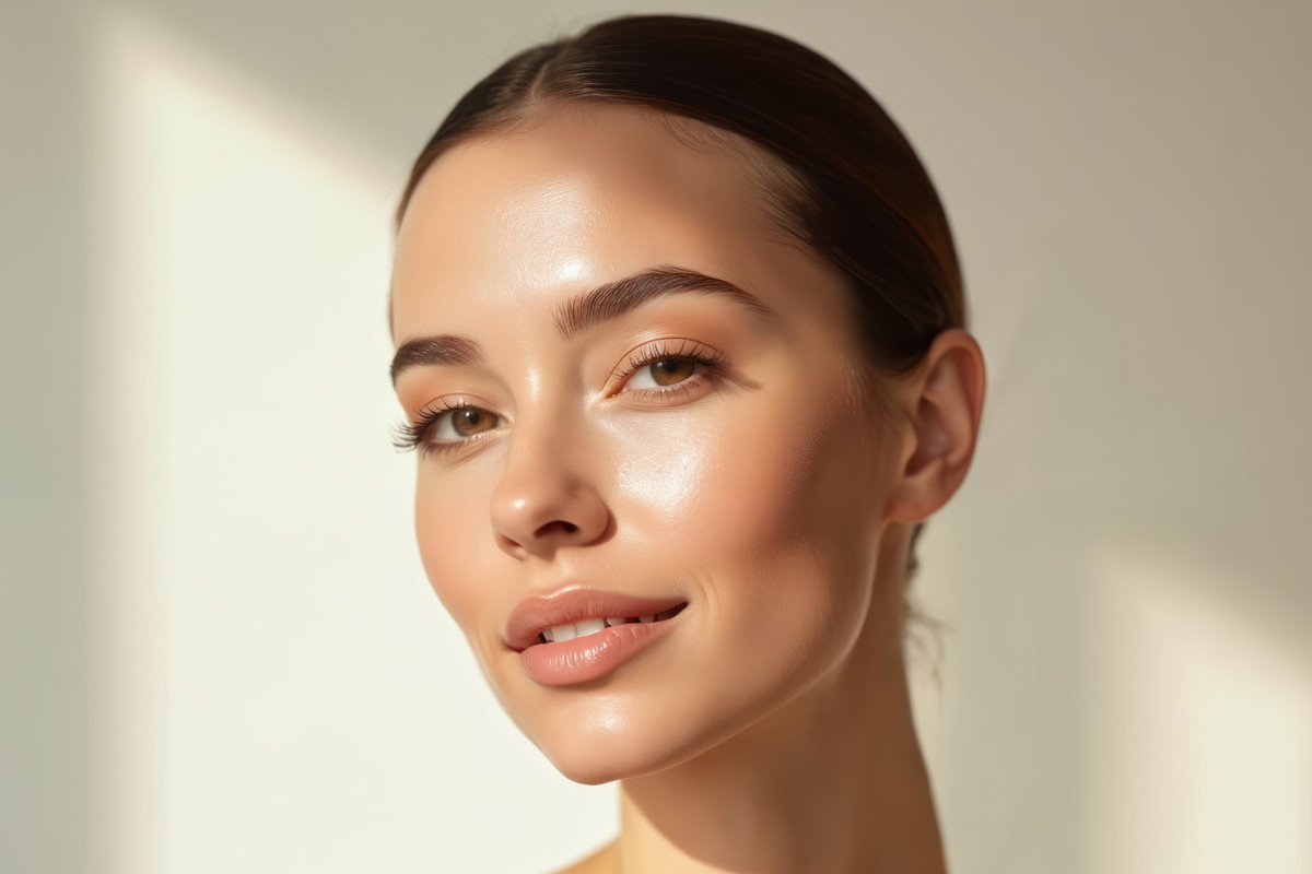 Beautiful young woman with healthy clean skin smiling. Natural makeup, perfect face features, fresh face in sunlight. Wellness, beauty, skincare, beauty salon or spa concept.