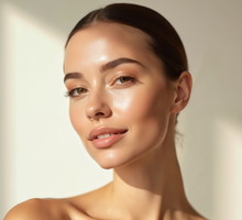 Beautiful young woman with healthy clean skin smiling. Natural makeup, perfect face features, fresh face in sunlight. Wellness, beauty, skincare, beauty salon or spa concept.