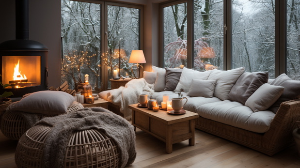 Cozy and inviting interior, living room and a Christmas setting, warm and inviting Scandinavian or Nordic decorations.
