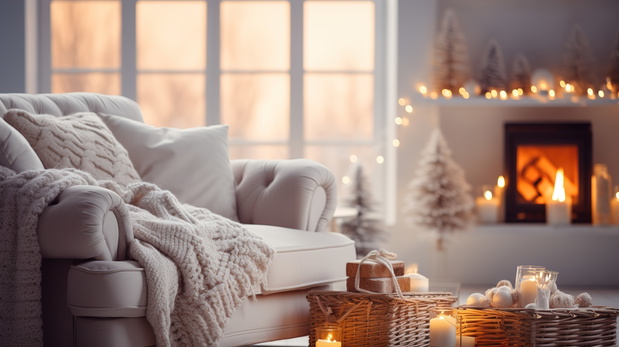 A cozy white room decorated with Christmas decorations. Generative AI