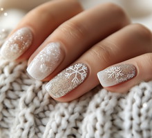 Woman showing christmas snowflake nail art design on white woolen background