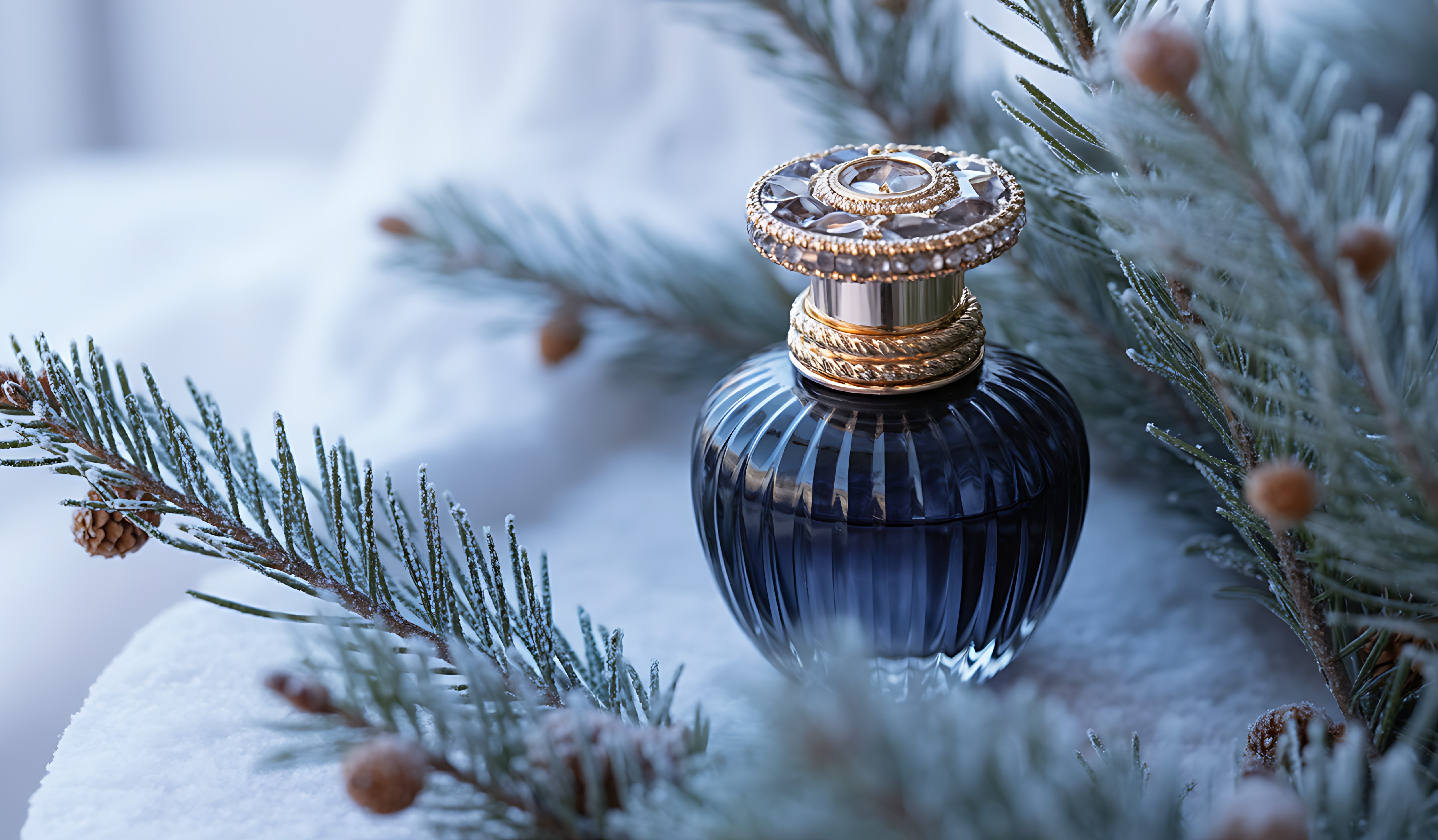 Elegant dark blue perfume bottle with gold accents amidst frosted pine branches