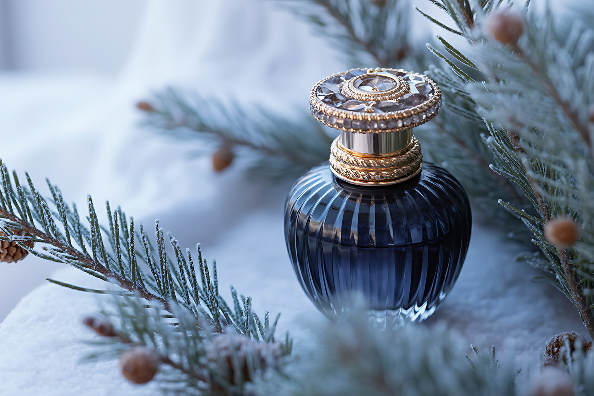 Elegant dark blue perfume bottle with gold accents amidst frosted pine branches
