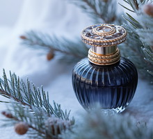 Elegant dark blue perfume bottle with gold accents amidst frosted pine branches