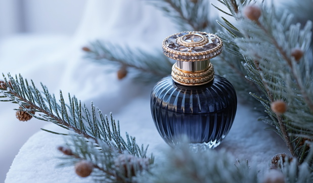 Elegant dark blue perfume bottle with gold accents amidst frosted pine branches