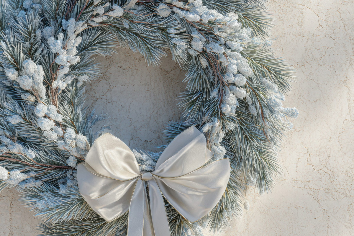 Ultra realistic pine needle wreath with bow for winter decor and holiday celebrations