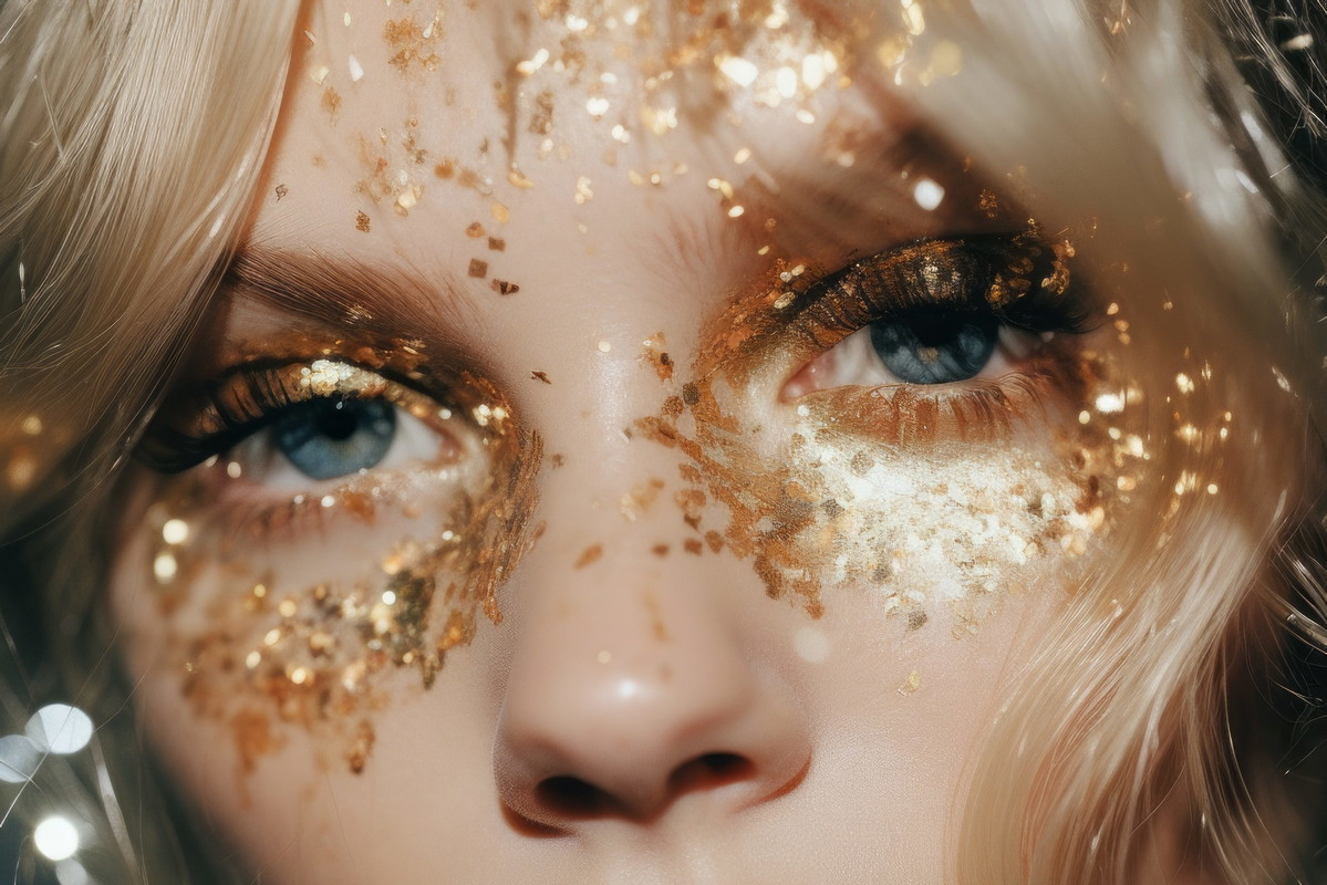 This beautiful portrait captures a woman with a glamorous makeover, featuring gold glitter, bright lipstick, and long eyelashes, radiating an aura confidence celebration perfect for special occasion