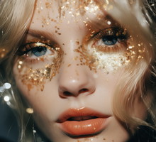 This beautiful portrait captures a woman with a glamorous makeover, featuring gold glitter, bright lipstick, and long eyelashes, radiating an aura confidence celebration perfect for special occasion