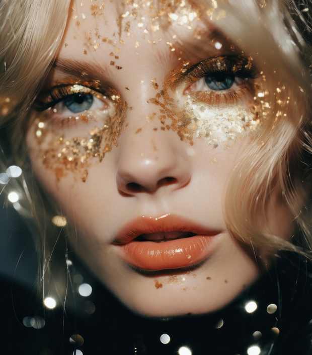 This beautiful portrait captures a woman with a glamorous makeover, featuring gold glitter, bright lipstick, and long eyelashes, radiating an aura confidence celebration perfect for special occasion