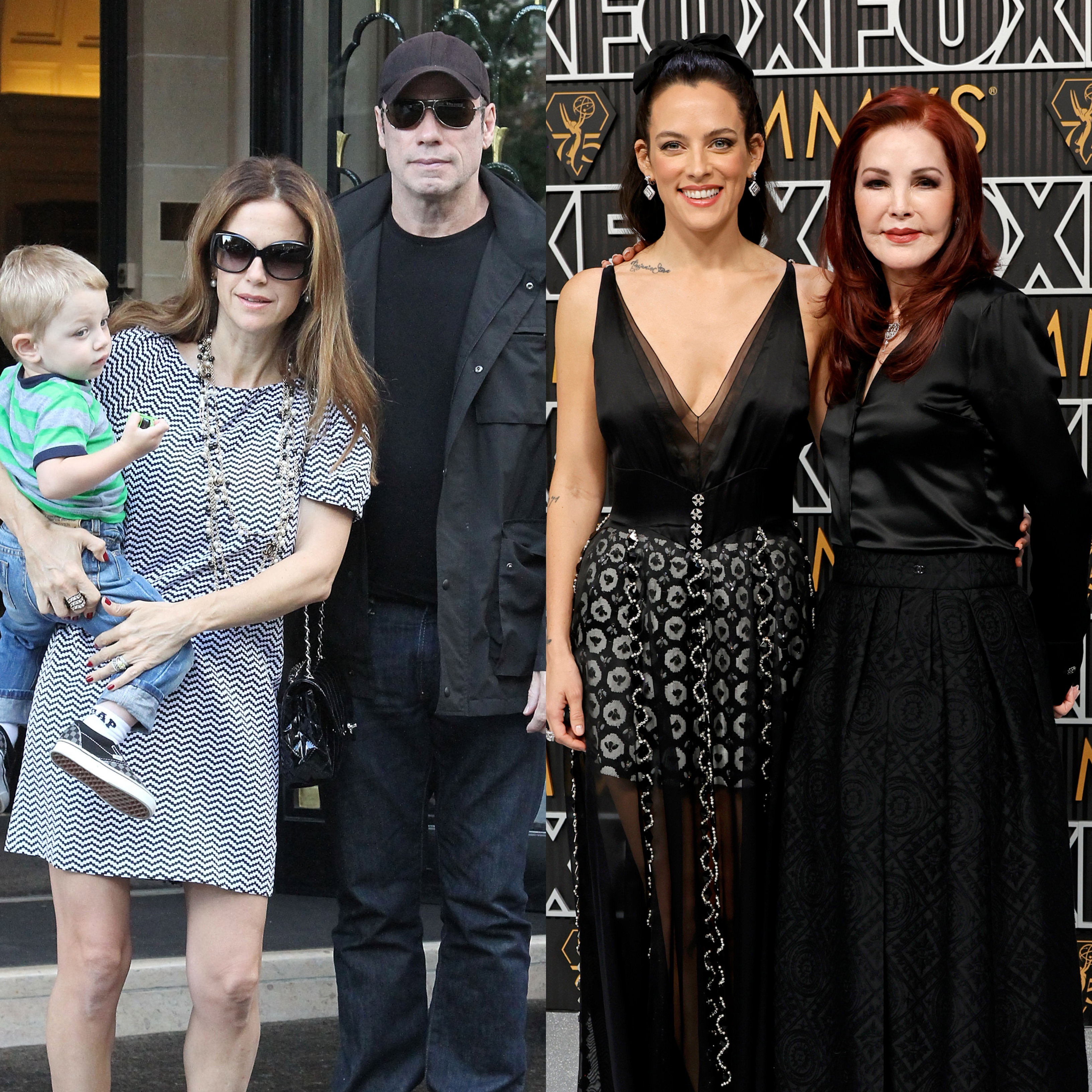 John Travolta i Kelly Preston z synem Benem 2012 r.  Riley Keough i Priscilla Presley, 2024 r.