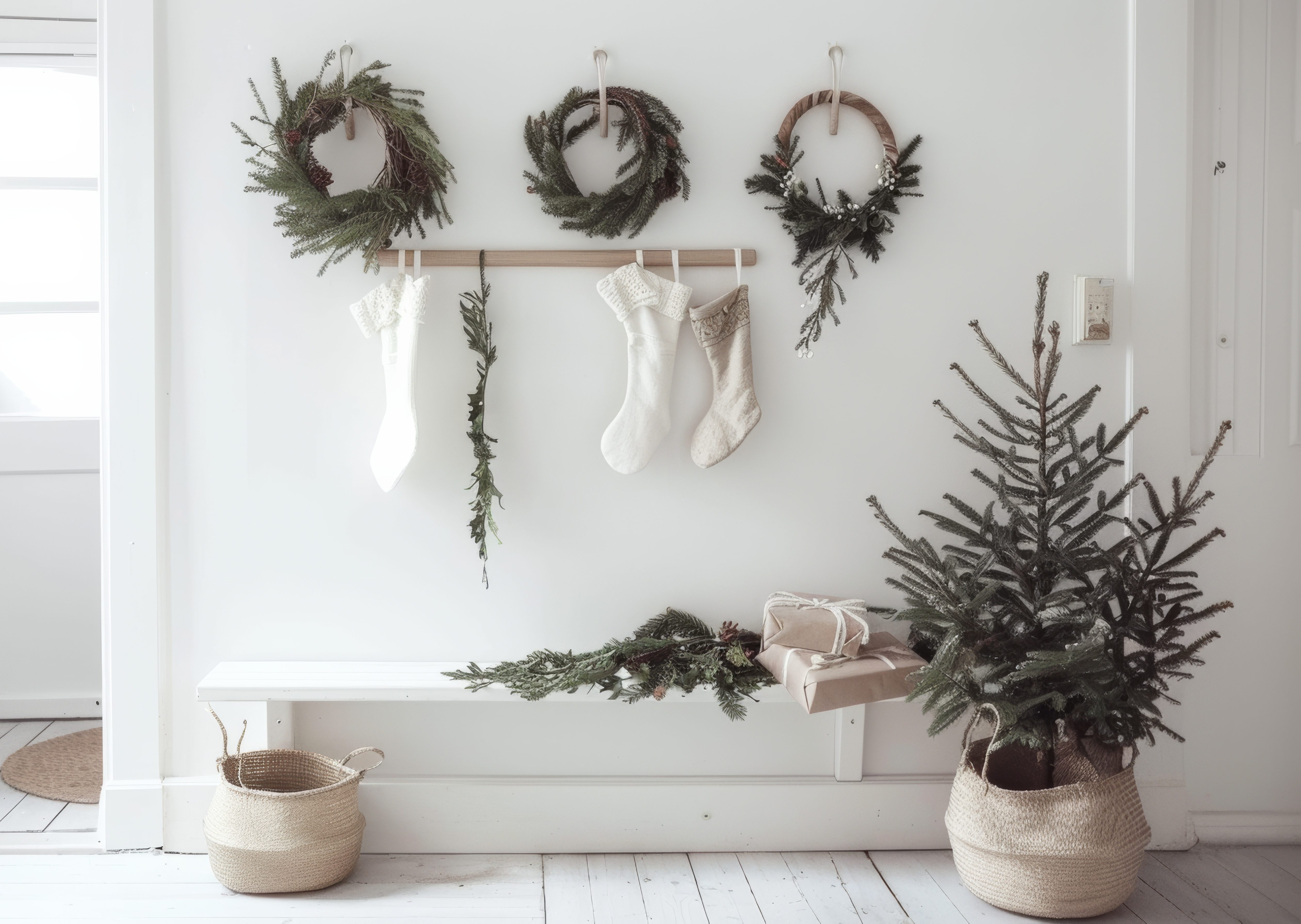 Christmas Scandinavian nordic home decorated with minimalist garlands, wreaths, stockings, white walls showcasing the timeless charm and elegance of Scandi interior design xmas trends