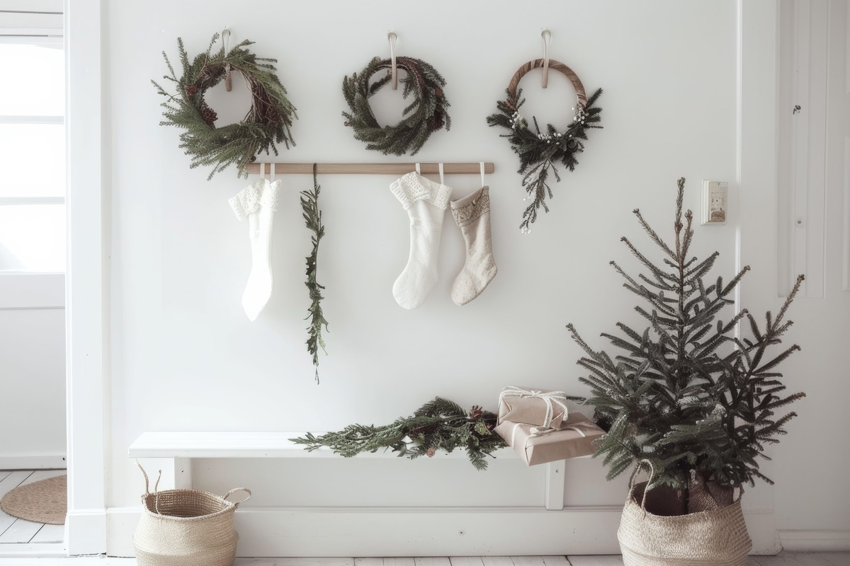 Christmas Scandinavian nordic home decorated with minimalist garlands, wreaths, stockings, white walls showcasing the timeless charm and elegance of Scandi interior design xmas trends