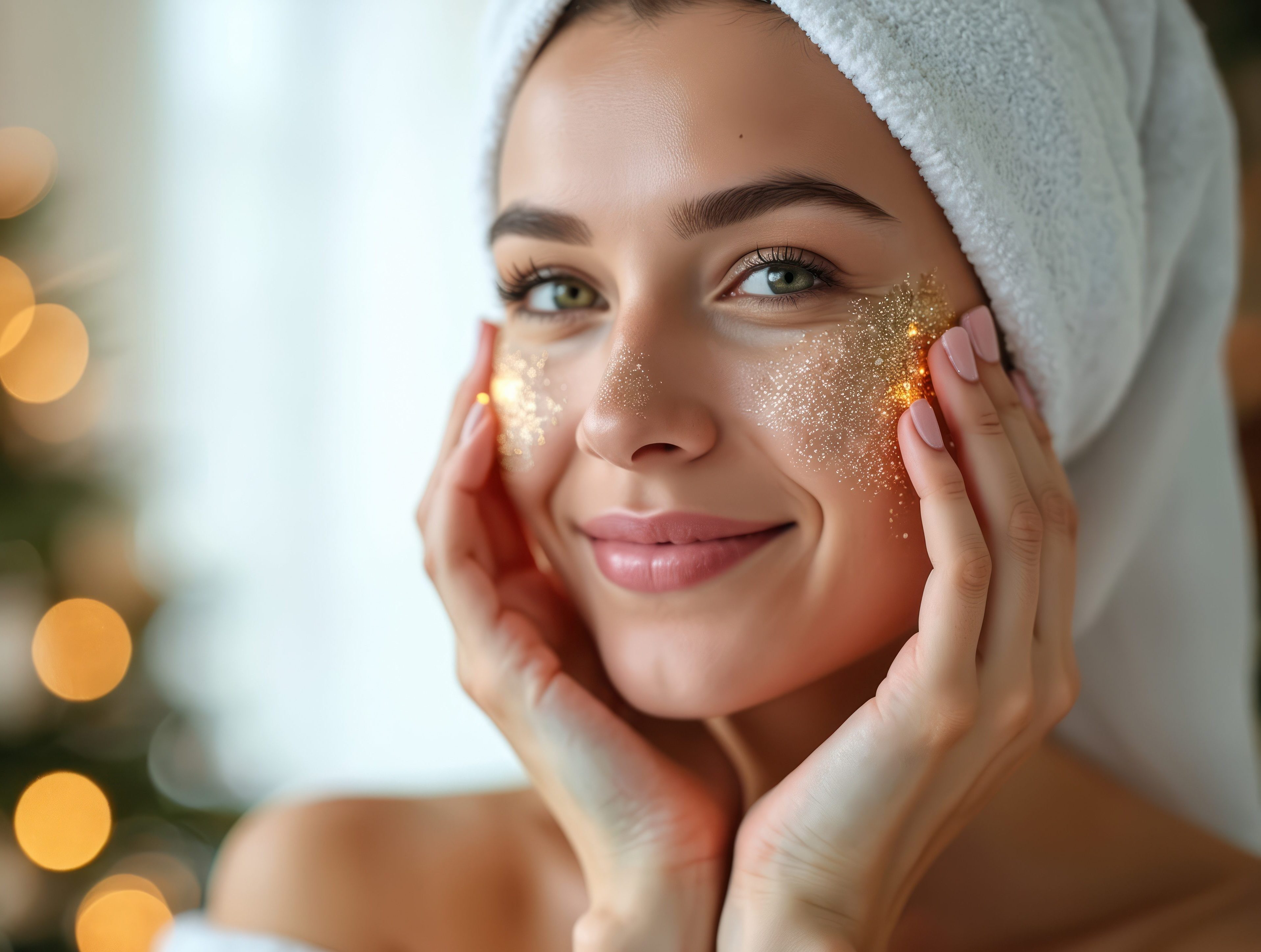 Festive winter skincare routine for glowing, hydrated skin. Woman enjoys pampering with facial treatment. Natural nourishment, rejuvenation, relaxation with essential ingredients for youthfulness,