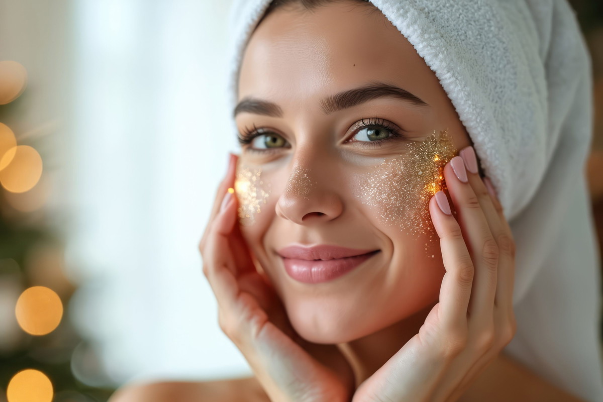 Festive winter skincare routine for glowing, hydrated skin. Woman enjoys pampering with facial treatment. Natural nourishment, rejuvenation, relaxation with essential ingredients for youthfulness,